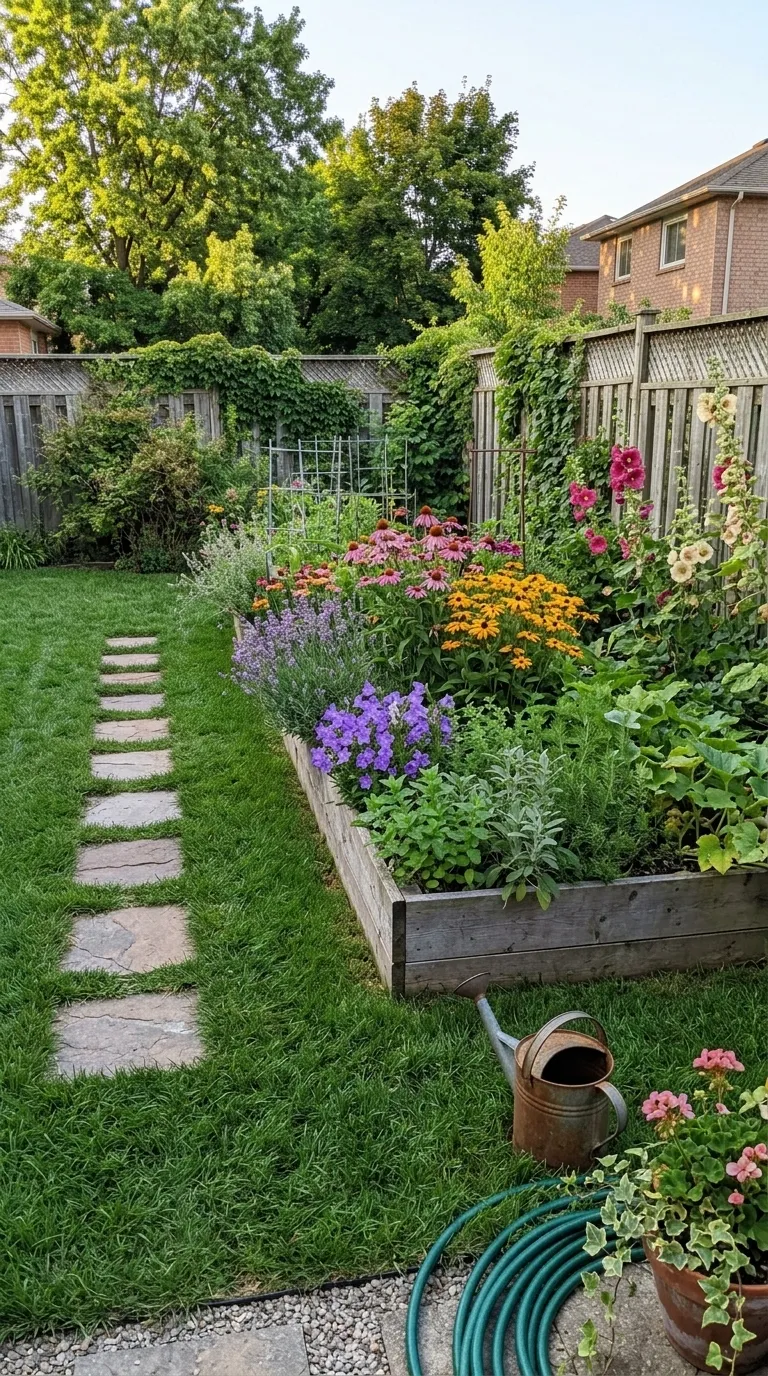The same garden from the same spot, cleared, edged and planted with a flowering bed