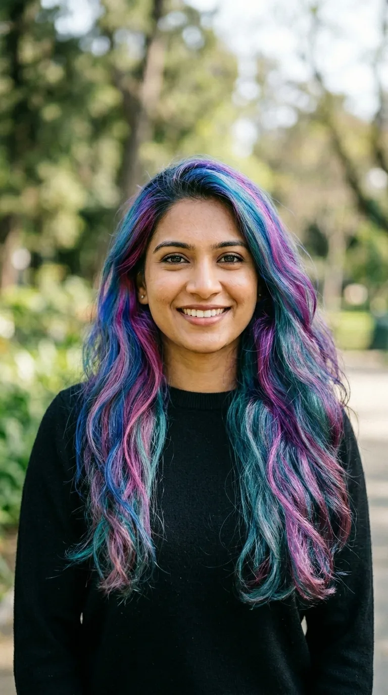 The same woman in the same spot after a vivid multi-tone colour service